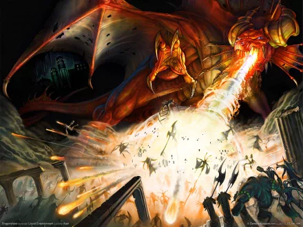 A fierce dragon unleashes fire upon a battlefield in this striking HD wallpaper inspired by Dungeons & Dragons: Dragonshard, showcasing epic fantasy combat.