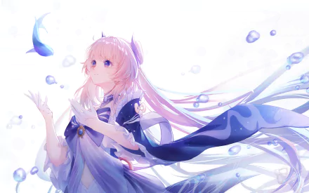 Sangonomiya Kokomi from Genshin Impact is depicted in this vibrant 4K Ultra HD wallpaper, surrounded by a serene atmosphere and ethereal water elements.