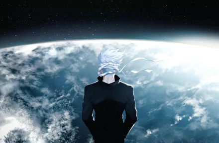 HD PC desktop wallpaper featuring Satoru Gojo from the anime Jujutsu Kaisen, standing with his back to the viewer against a view of Earth from space.