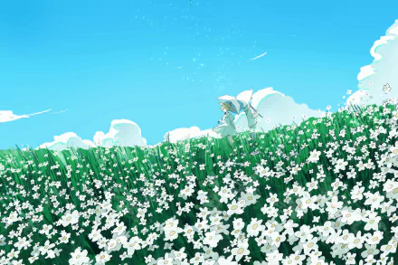 4K Ultra HD anime wallpaper featuring Emma and Ray from The Promised Neverland standing in a vast field of white flowers under a bright blue sky.
