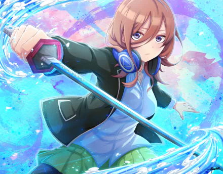 HD PC desktop wallpaper featuring Miku Nakano from the anime The Quintessential Quintuplets wielding a glowing sword with vibrant blue and pink background effects.