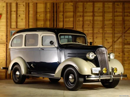 HD PC desktop wallpaper of a 1935 Chevrolet Suburban vintage vehicle, two-tone black and cream, classic grille and round headlights against a wooden barn backdrop.