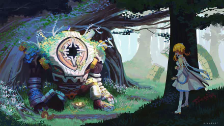 4K Ultra HD PC wallpaper featuring Lumine from Genshin Impact facing a large, ancient mechanical creature in a mystical forest setting.