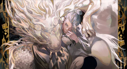 Suguru Geto from Jujutsu Kaisen depicted in a detailed anime-style 4K Ultra HD desktop wallpaper featuring intricate white and gold tones.