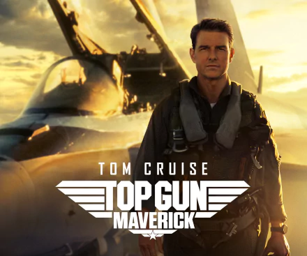 HD PC desktop wallpaper for the movie Top Gun: Maverick showing a pilot in flight gear standing in front of a fighter jet at sunset.