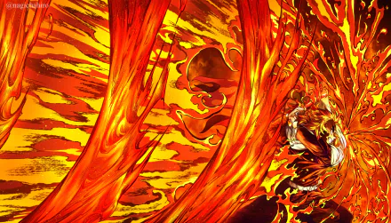 4K Ultra HD anime wallpaper featuring Kyojuro Rengoku from Demon Slayer: Kimetsu no Yaiba engulfed in intense, fiery flames with dynamic, vibrant orange and yellow hues.