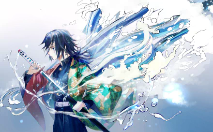 Giyuu Tomioka from Demon Slayer: Kimetsu no Yaiba in anime style, holding a katana as water and mist swirl around him — 2K Quad HD PC desktop wallpaper/background.