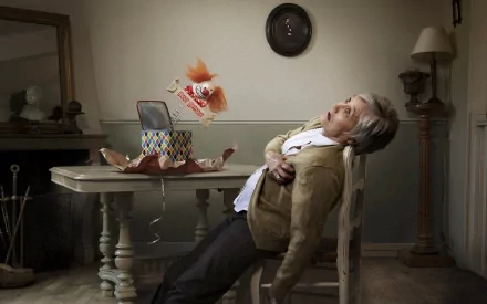 A humorous birthday-themed desktop wallpaper featuring a surprised person leaning back in a chair as a goldfish leaps from a colorful gift box, creating a lighthearted atmosphere.