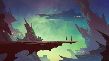 4K Ultra HD PC desktop wallpaper of the TV show Star Trek: Prodigy — two figures on a rocky ledge gaze at a glowing green nebula and a distant starship above a jagged alien skyline.