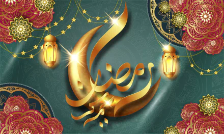 2K Quad HD religious Ramadan desktop wallpaper: gold Arabic Ramadan Kareem calligraphy with glowing lanterns, stars and intricate floral mandalas on a teal background.