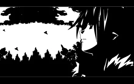 HD PC desktop wallpaper featuring a high-contrast black-and-white anime scene from Chrono Crusade, depicting a character looking over a forest under a dramatic sky.