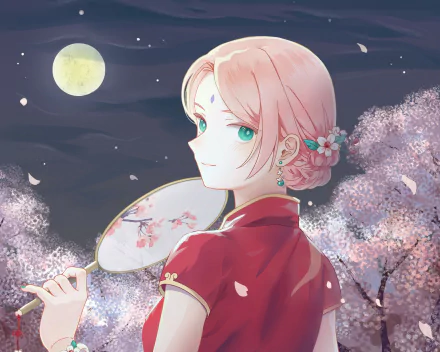HD PC desktop wallpaper featuring Sakura Haruno from Naruto, depicted in a red outfit under a full moon with cherry blossoms in the background.