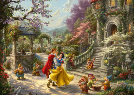 HD PC desktop wallpaper: Snow White and the Prince dancing in a fairy-tale castle garden while the Seven Dwarfs watch and play instruments amid colorful spring blossoms and stone arches.