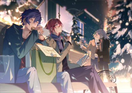 HD PC desktop wallpaper of Jun Sazanami and Ibara Saegusa from the video game Ensemble Stars!, sharing sketches and gifts on a snowy city street while a third character watches.