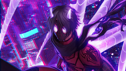 Comic-style Spider-Man perched over a neon cyberpunk skyline, glowing eyes and web-wings; 4K Ultra HD PC desktop wallpaper background.