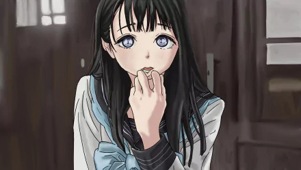 Komichi Akebi in Akebi's sailor uniform, shy pose with fingers to her lips, soft indoor lighting — anime 4K Ultra HD PC desktop wallpaper/background.