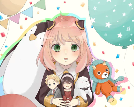Anya Forger from Spy x Family in anime style, close-up with green eyes and pink hair surrounded by plush toys and confetti — 2K Quad HD PC desktop wallpaper/background.
