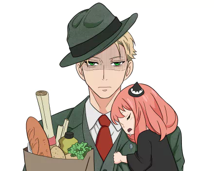 Anya Forger asleep on Loid Forger’s shoulder in a detailed 4K Ultra HD anime-style Spy x Family desktop wallpaper.