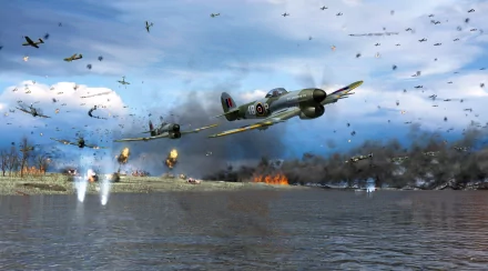 HD PC desktop wallpaper of intense aerial combat featuring vintage planes from the video game World of Warplanes over a smoky battlefield near water.