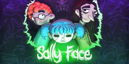 HD PC desktop wallpaper/background for the video game Sally Face: neon-glow portrait of three stylized characters—blue-haired girl center, red-haired boy and long-haired figure behind.