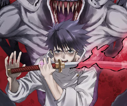 HD PC desktop wallpaper featuring Yuta Okkotsu from the anime Jujutsu Kaisen 0, gripping a sword with a fierce expression and a monstrous figure behind him.