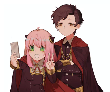 Anime 4K Ultra HD PC wallpaper: Anya Forger grinning and posing with a phone while reserved Damian Desmond stands beside her in matching capes (Spy x Family).