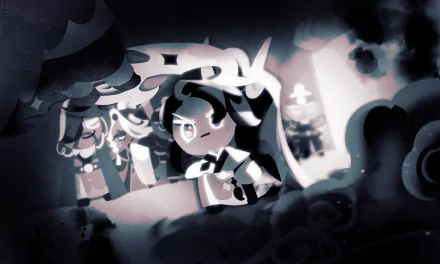 HD PC desktop wallpaper of Caramel Arrow Cookie from the video game COOKIE RUN: KINGDOM, stylized monochrome scene of the archer cookie aiming amid swirling clouds and fellow cookies.