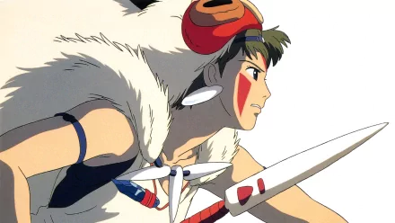 HD anime desktop wallpaper featuring Princess Mononoke in her iconic warrior attire, poised with spear against a clear background.