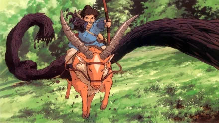 HD anime desktop wallpaper from Princess Mononoke featuring a character riding a large horned creature through a lush forest setting.