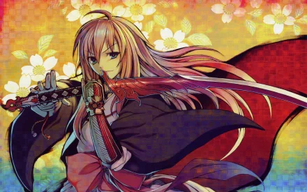 Anime HD PC wallpaper featuring Ouka Ryoran with flowing hair, holding a sword against a vibrant floral background.