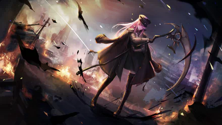HD PC desktop wallpaper featuring Mori Calliope, a Hololive virtual YouTuber, depicted in dynamic anime style with dark, fiery background elements.