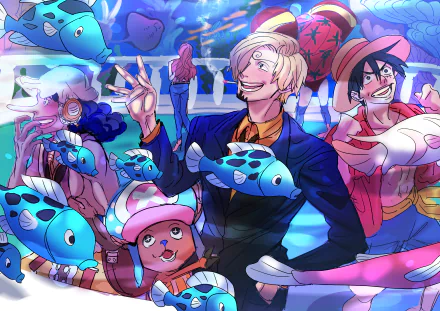 HD anime wallpaper featuring Tony Tony Chopper and Sanji from One Piece, surrounded by colorful fish in an underwater-themed scene.