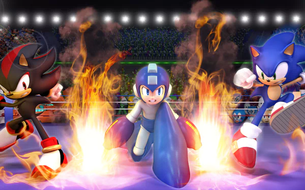 5K Ultra HD PC wallpaper: Shadow the Hedgehog, Mega Man and Sonic the Hedgehog dash through flames in a lit stadium — dynamic video game crossover scene.
