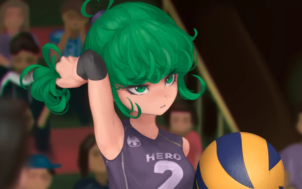 HD anime desktop wallpaper featuring Tatsumaki from One-Punch Man in a volleyball uniform, holding a volleyball with a focused expression.