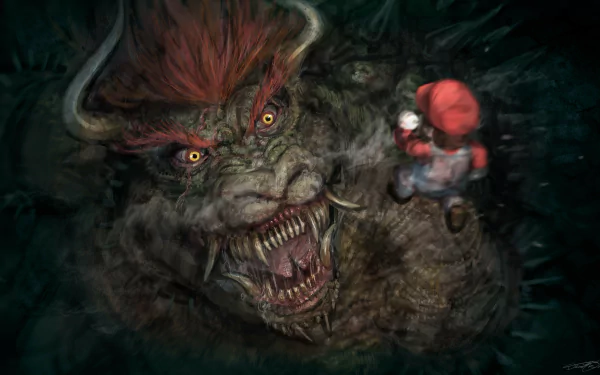HD wallpaper featuring Mario from Mario Bros. facing off against a fierce Bowser in a dynamic desktop background.