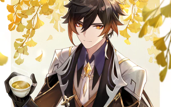 HD PC desktop wallpaper of Zhongli from the video game Genshin Impact, featuring the character with autumn leaves and a cup of tea in a detailed background.