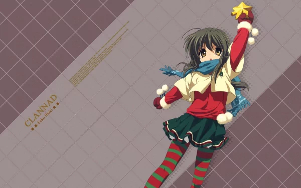 Fuuko Ibuki from Clannad is featured in this HD anime desktop wallpaper, dressed in festive attire with a scarf and striped stockings against a patterned background.