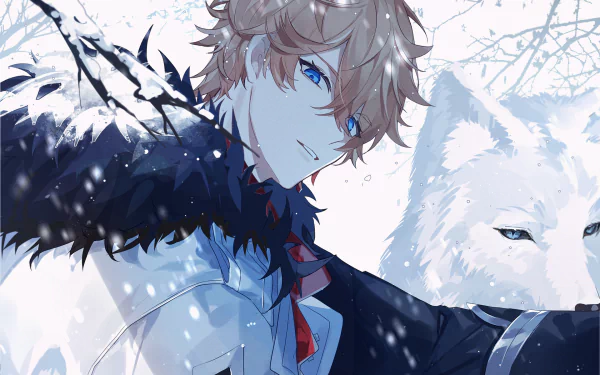 HD PC desktop wallpaper featuring Tartaglia Childe from the video game Genshin Impact, with cool blue tones and a white wolf in the snowy background.