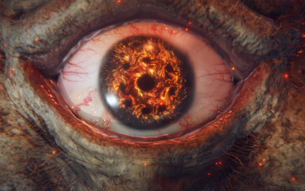 Close-up of a fiery, detailed eye from the video game Elden Ring, rendered in 4K Ultra HD for a striking PC desktop wallpaper.