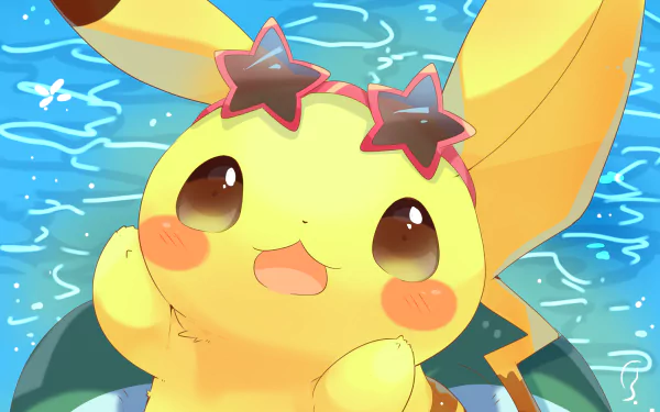 HD anime-style Pokemon wallpaper featuring Pikachu wearing pink star-shaped sunglasses, set against a bright blue water background.