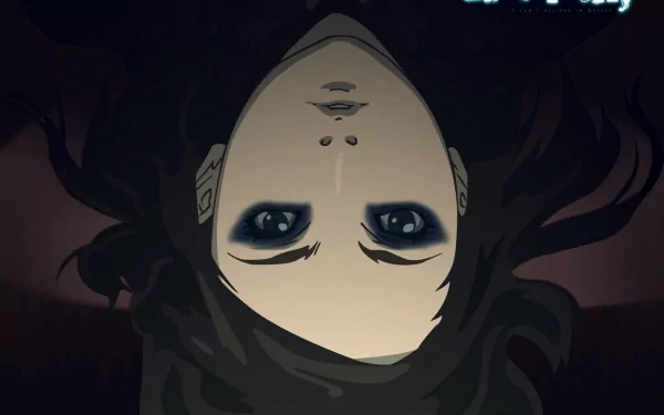 HD PC desktop wallpaper — Ergo Proxy anime: upside-down close-up of Re-l Mayer with pale skin, heavy dark eye makeup and flowing black hair on a moody shadowed background.