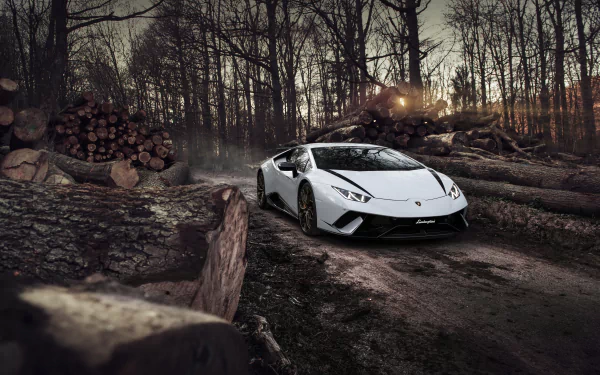 A white Lamborghini Huracan Performante supercar driving through a forest path with stacked logs, depicted in stunning 8K Ultra HD as a PC desktop wallpaper.