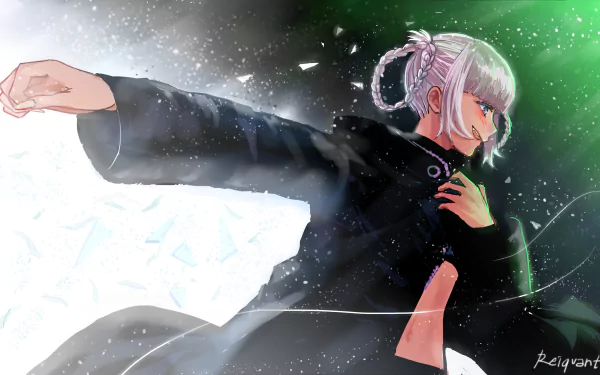 Nazuna Nanakusa from the anime Call of the Night in a dynamic pose, pale hair and dark school coat against a sparkling green-and-white night sky — 4K Ultra HD PC desktop wallpaper