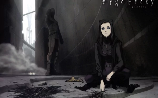 HD anime desktop wallpaper featuring a dark, atmospheric scene from Ergo Proxy with two characters in a shadowy urban setting.