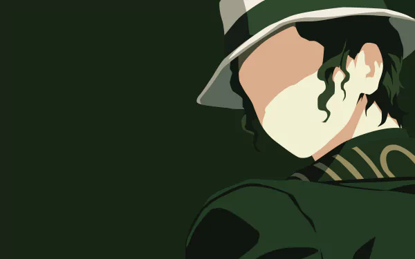 Minimalist anime 4K Ultra HD PC desktop wallpaper: faceless Muzan Kibutsuji from Demon Slayer: Kimetsu no Yaiba, dark green palette, hat and curled hair.
