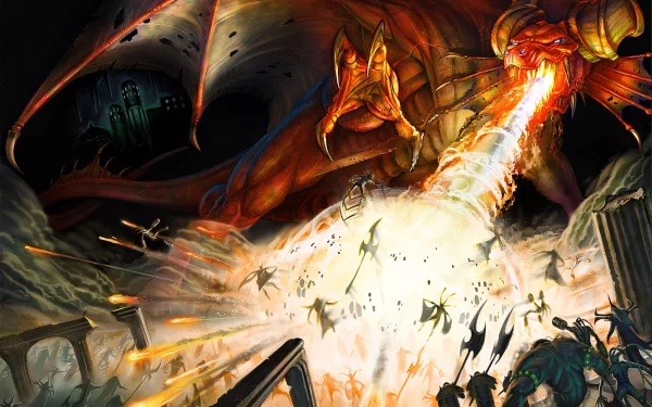A fierce dragon unleashes fire upon a battlefield in this striking HD wallpaper inspired by Dungeons & Dragons: Dragonshard, showcasing epic fantasy combat.