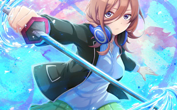 HD PC desktop wallpaper featuring Miku Nakano from the anime The Quintessential Quintuplets wielding a glowing sword with vibrant blue and pink background effects.
