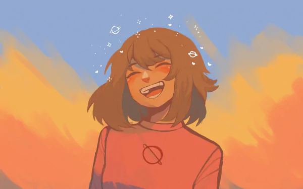 HD desktop wallpaper featuring Chara from the video game Undertale, depicted smiling against a colorful sky background.