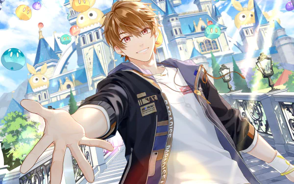 HD PC desktop wallpaper of Minase Natsuhiko (video game, Tears of Themis) smiling and reaching out against a bright, whimsical castle-like background.