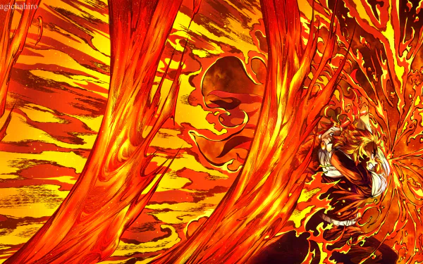 4K Ultra HD anime wallpaper featuring Kyojuro Rengoku from Demon Slayer: Kimetsu no Yaiba engulfed in intense, fiery flames with dynamic, vibrant orange and yellow hues.